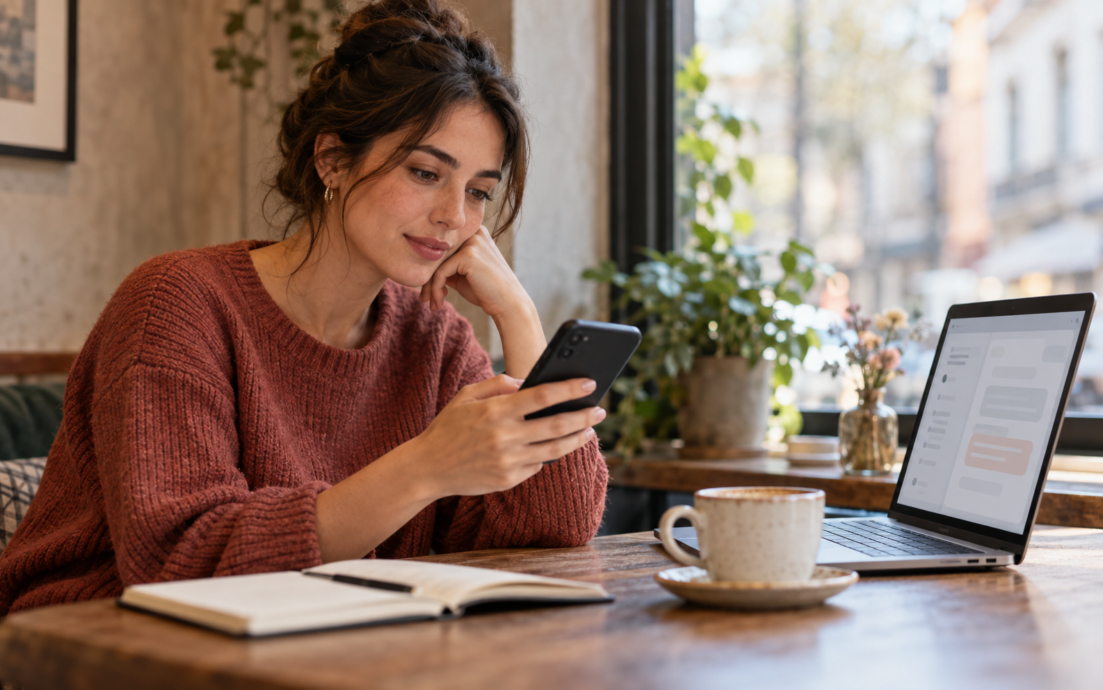 Person thoughtfully editing a dating-profile message beside a laptop at a café