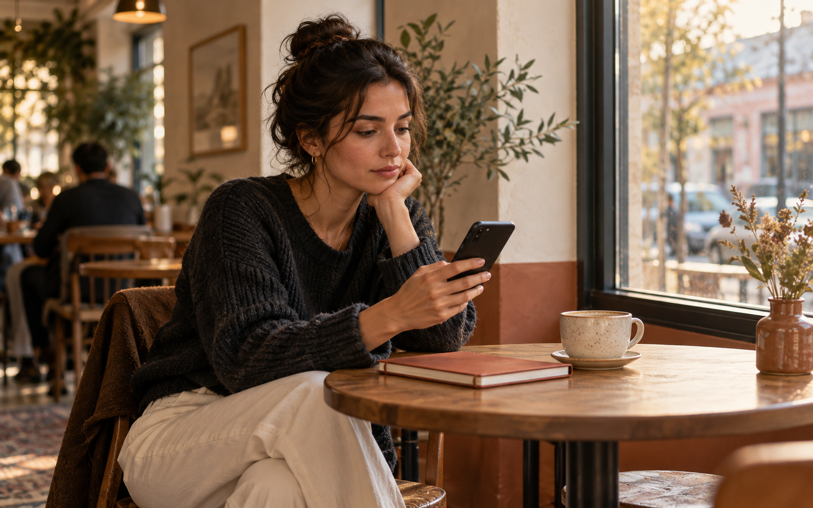 Woman thoughtfully checking her phone at a warm, sunlit café table