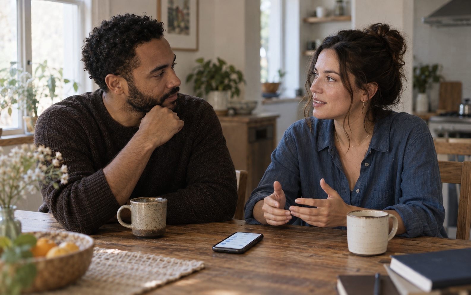 Two adults having a calm conversation beside a phone on a kitchen table
