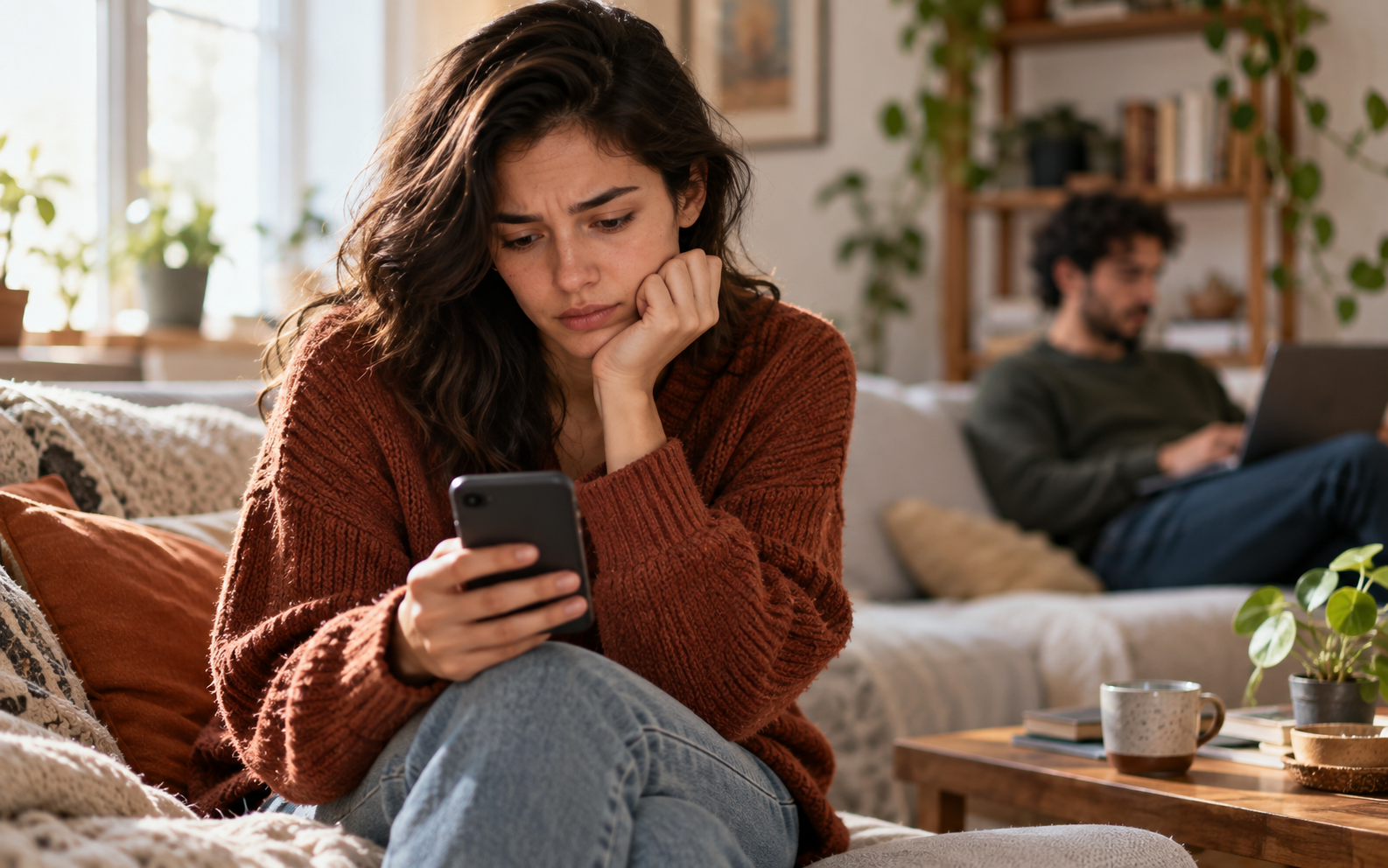 Person reflecting on a phone conversation while a partner sits softly out of focus in the background