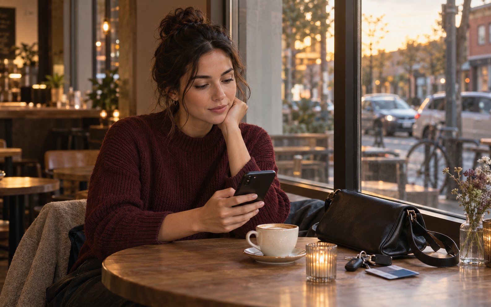Woman checking her phone beside her keys and bag at a warm, public café before a first date