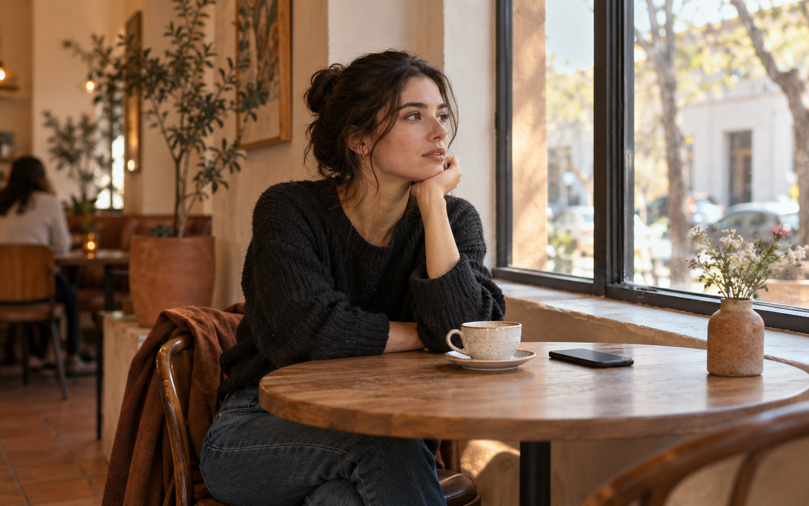 Woman sitting thoughtfully at a café table beside a quiet phone