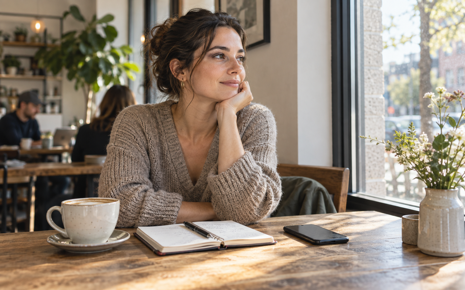 Woman reflecting beside a notebook and face-down phone in a sunlit café