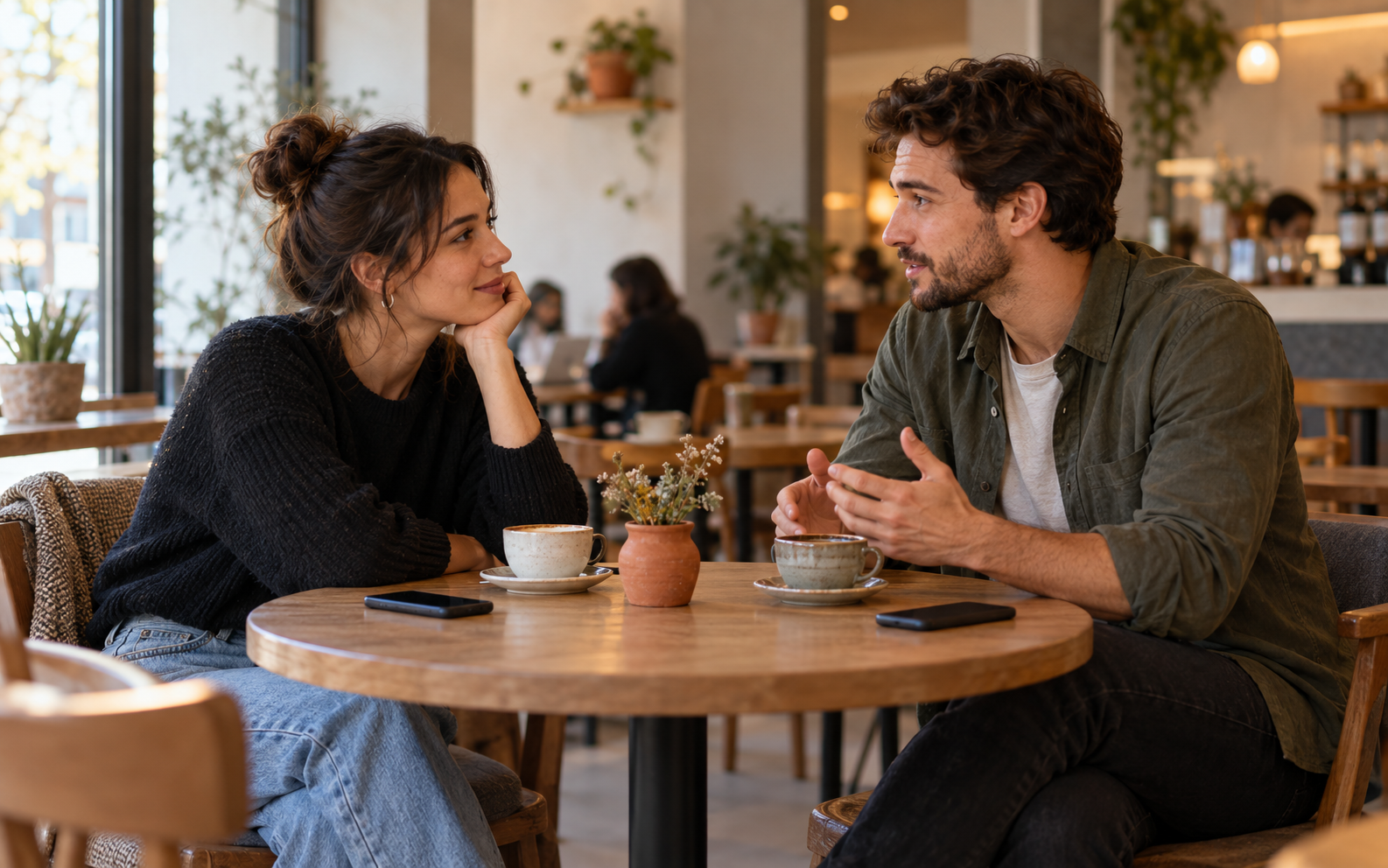 Two adults having a calm conversation about exclusivity at a quiet café table