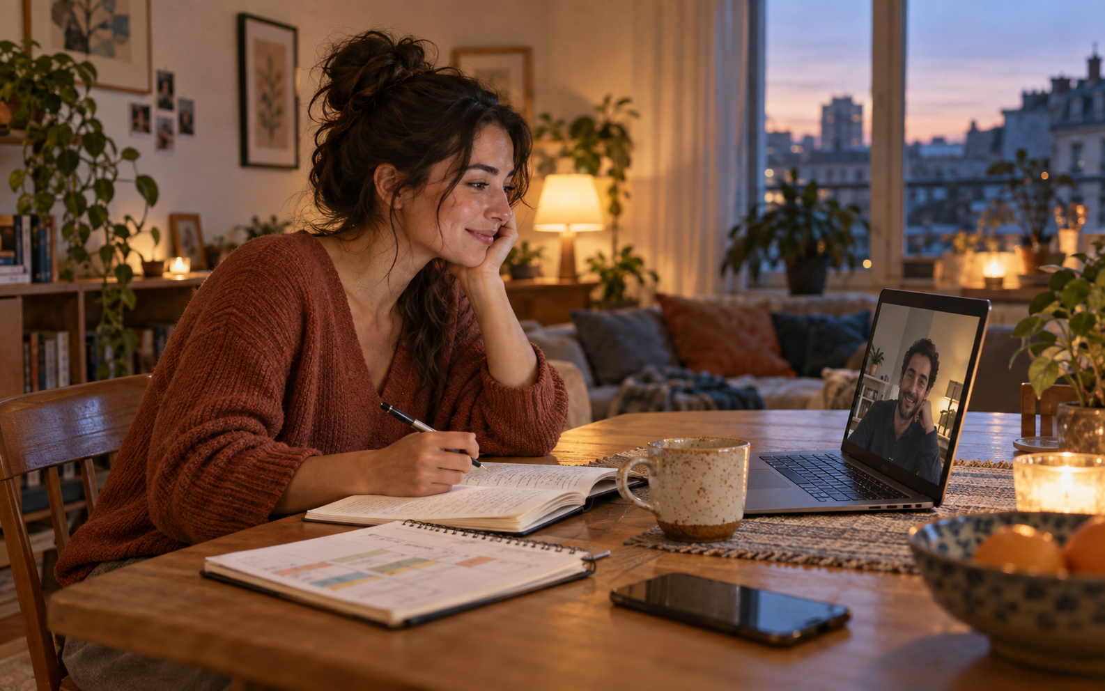 Woman planning a video call with her long-distance partner using a notebook and laptop at home