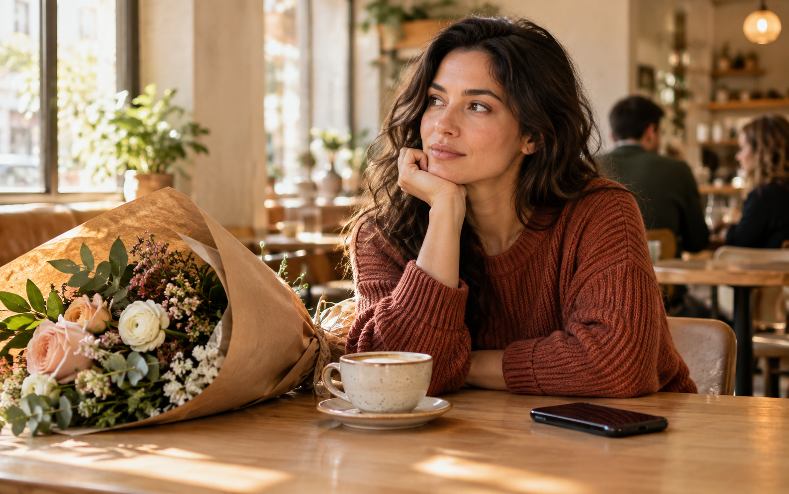 Thoughtful adult sitting beside a large bouquet and a face-down phone at a warm café table