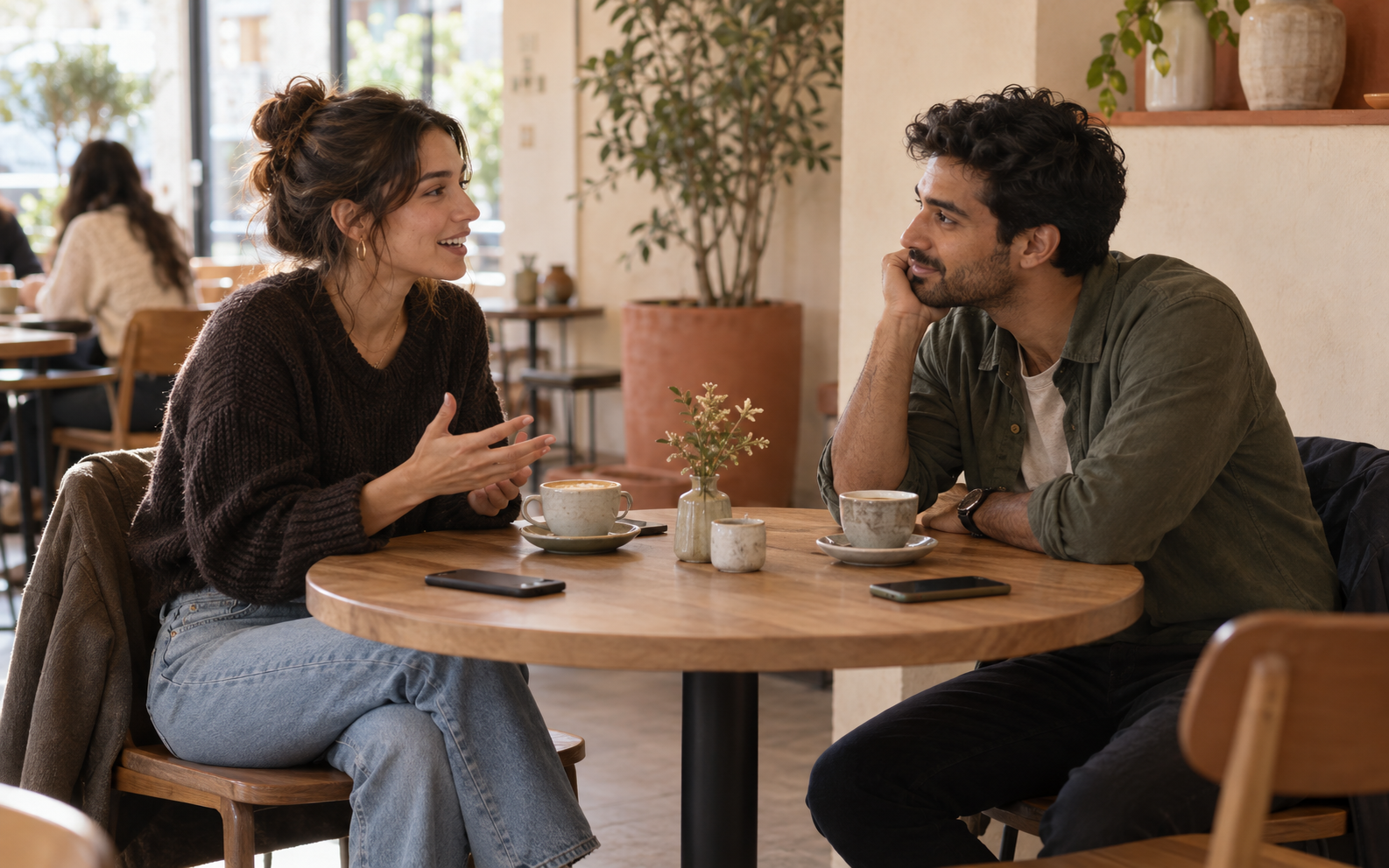 Two adults having an attentive, relaxed conversation at a café with their phones face down