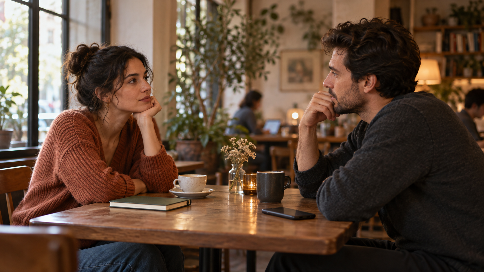 Two adults having a thoughtful conversation across a warm café table with a notebook and face-down phone